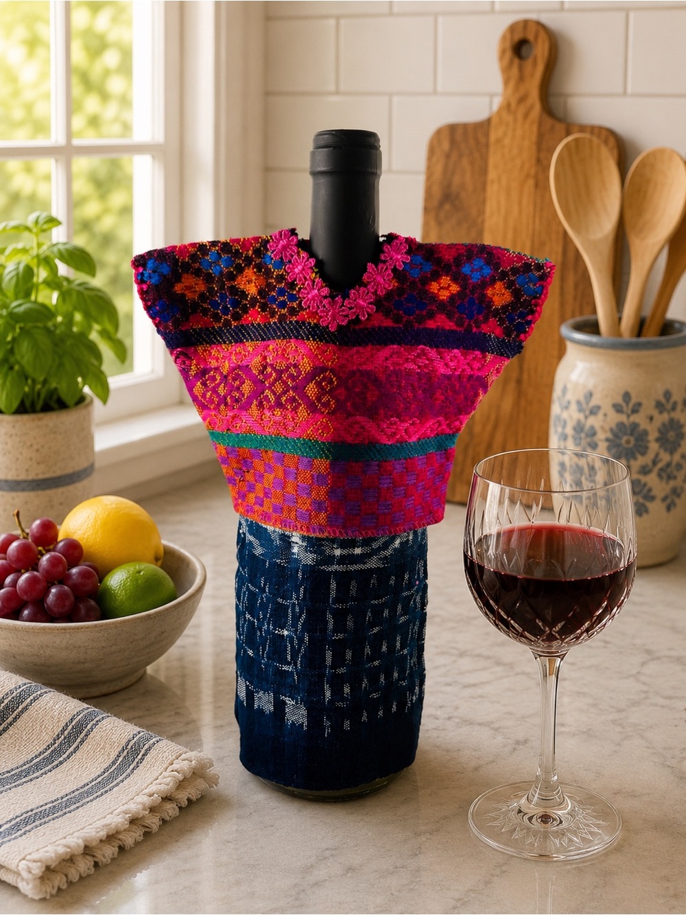 Handwoven in Guatemala | Pink Wine Bottle Cover | Artisan Home Dining Accent
